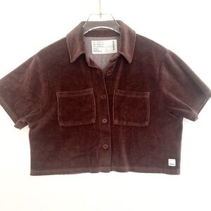 RSQ Velour Button Up Shirt Top Cropped Boxy 70's Style Brown Cotton Size Small